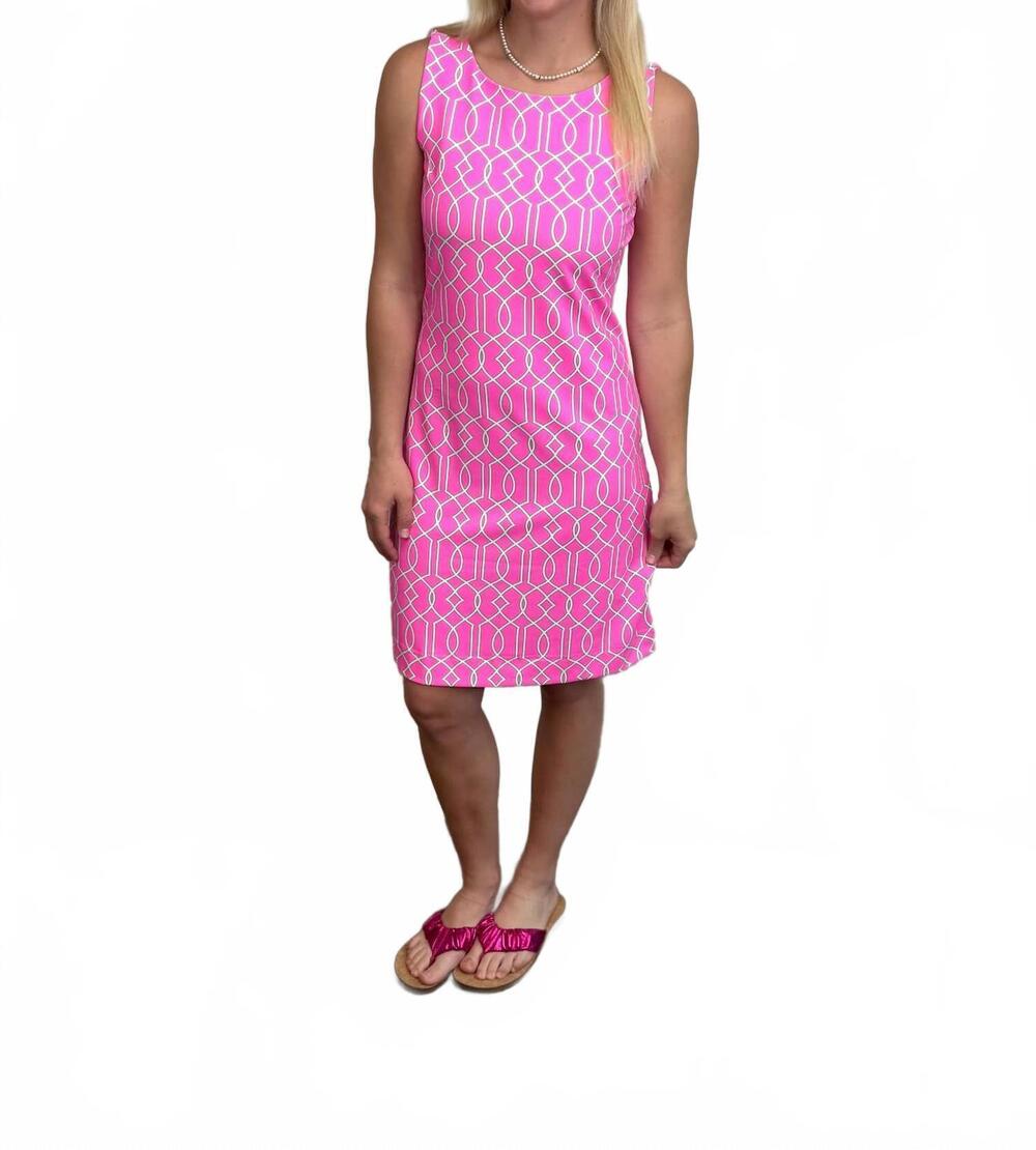 NEW LULU-B geometric sleeveless travel dress in pink/kelly